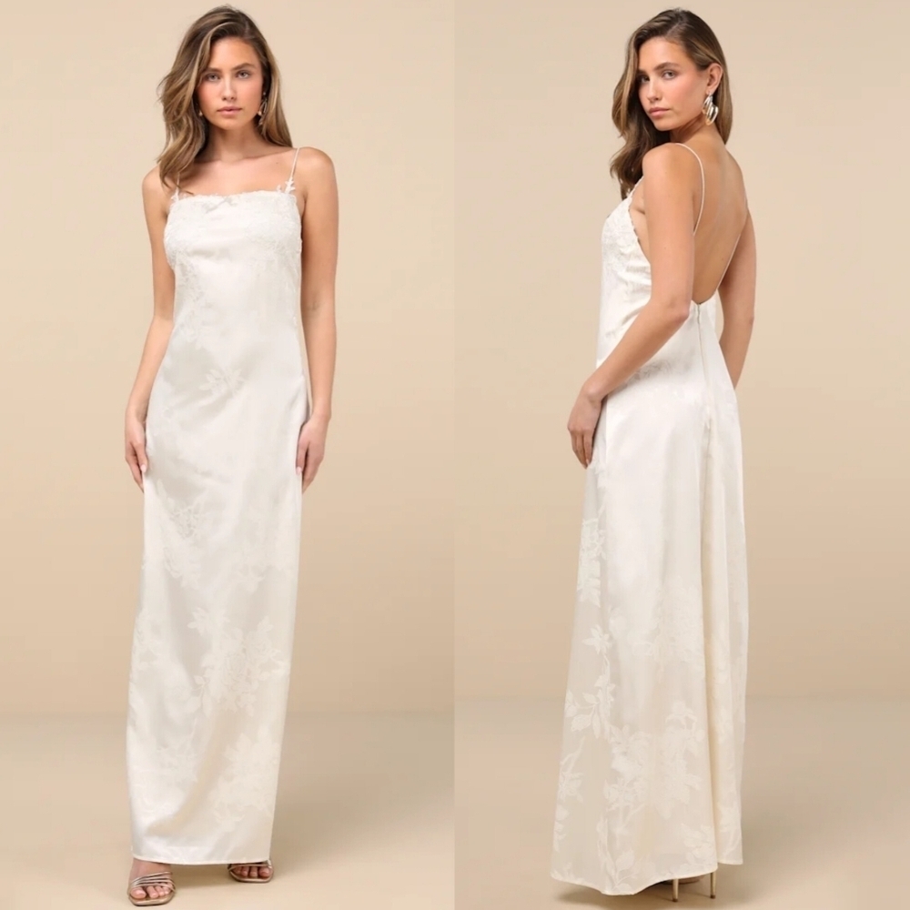 Lulus Whimsical Radiance Cream Satin Embroidered Maxi Dress Wedding Party Bridal